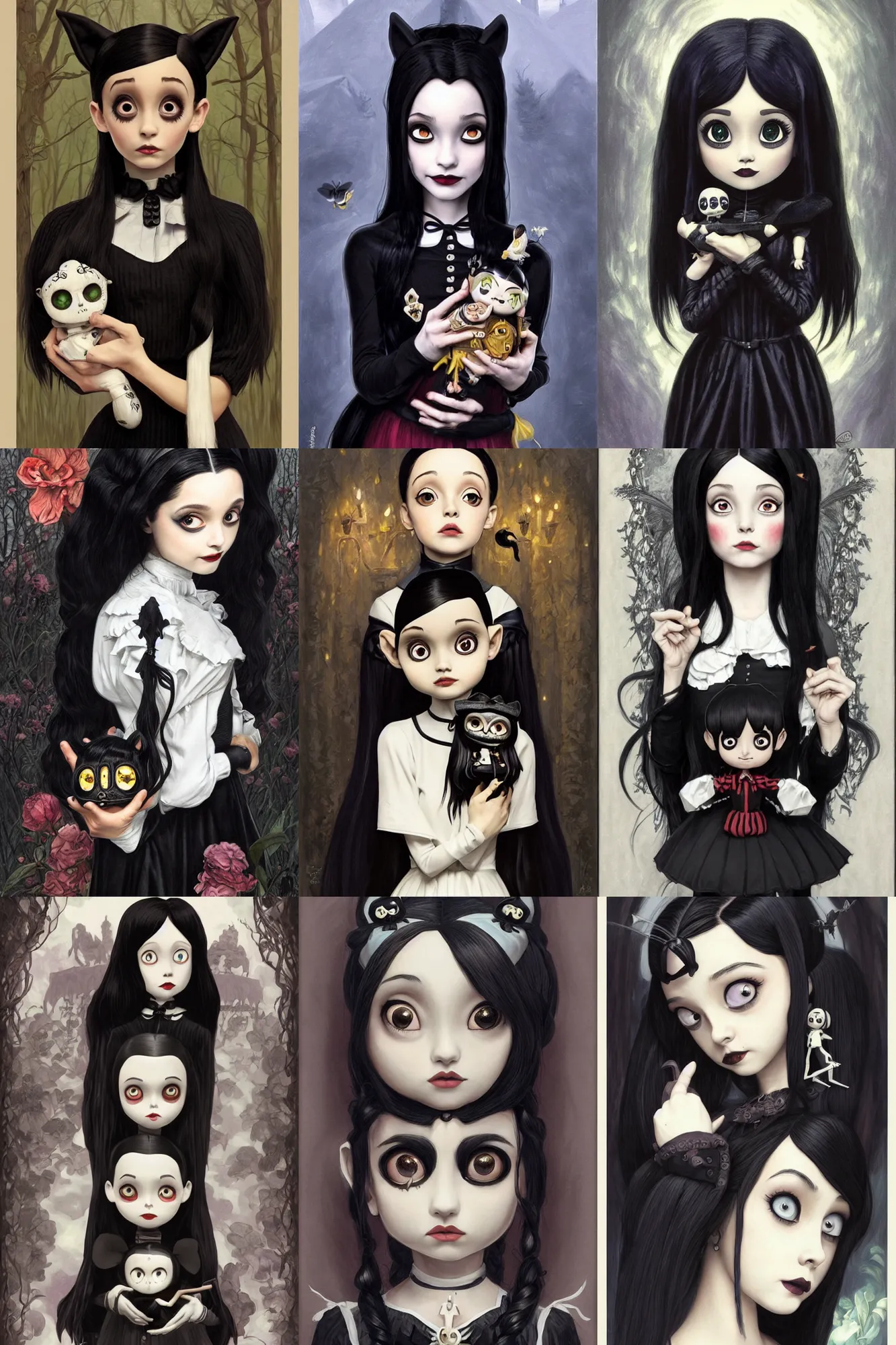 Prompt: beautiful cottagecore Ariana Grande as Wednesday Addams holding a Coraline doll, Black Hair, Goth, gothic, castlevania, intricate, elegant, highly detailed, digital painting, artstation, concept art, smooth, sharp, focus, illustration, art by artgerm and greg rutkowski and alphonse mucha