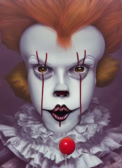 Image similar to pop surrealism, lowbrow art, realistic pennywise painting, japanese street fashion, hyper realism, muted colours, rococo, natalie shau, loreta lux, tom bagshaw, mark ryden, trevor brown style,