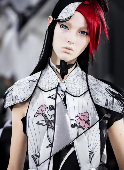 Prompt: dior anime cosplay, runaway photography, holographic undertones, professional hairstyle, high detail