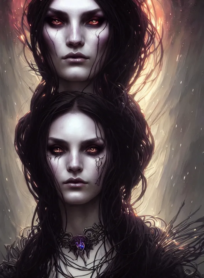 Image similar to Necromancer Sorceress face close-up in center, fantasy magic, undercut hairstyle, dark light night, intricate, elegant, sharp focus, illustration, highly detailed, digital painting, concept art, matte, art by WLOP and Artgerm and Greg Rutkowski and Alphonse Mucha, masterpiece