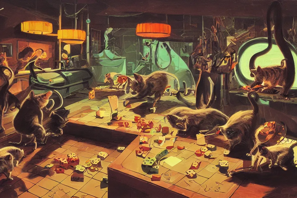 Image similar to 3 cats rolling dice with 3 rats, neon basement, by syd mead , john kricfalusi
