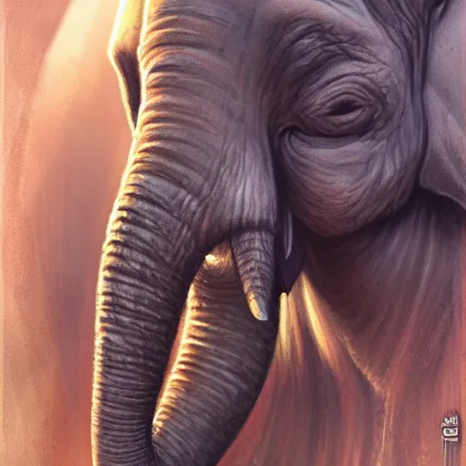 Image similar to Warlock with elephant traits. Character portrait, face close-up, of an anthro elephant warlock in the style of Bastien Lecouffe-Deharme