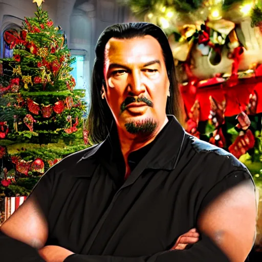 Prompt: highly detailed matte painting of steven seagal beneath a christmas tree, realistic,