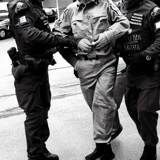 Image similar to extraterrestrial zeta reticulan grey alien, being arrested by spetsnaz