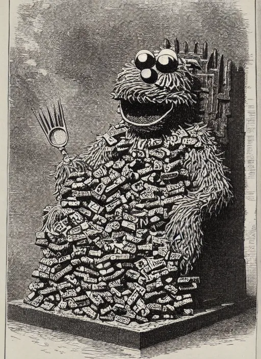 Prompt: cookie monster sits on a throne made of cookies, demon from the dictionarre infernal, etching by louis le breton, 1 8 6 9, 1 2 0 0 dpi scan, ultrasharp detail, clean scan