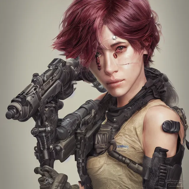 Image similar to the portrait of lawful neutral female cyberpunk marine sniper as absurdly beautiful, gorgeous, elegant, young gravure idol, an ultrafine hyperdetailed illustration by kim jung gi, irakli nadar, intricate linework, bright colors, octopath traveler, final fantasy, unreal engine 5 highly rendered, global illumination, radiant light, detailed and intricate environment