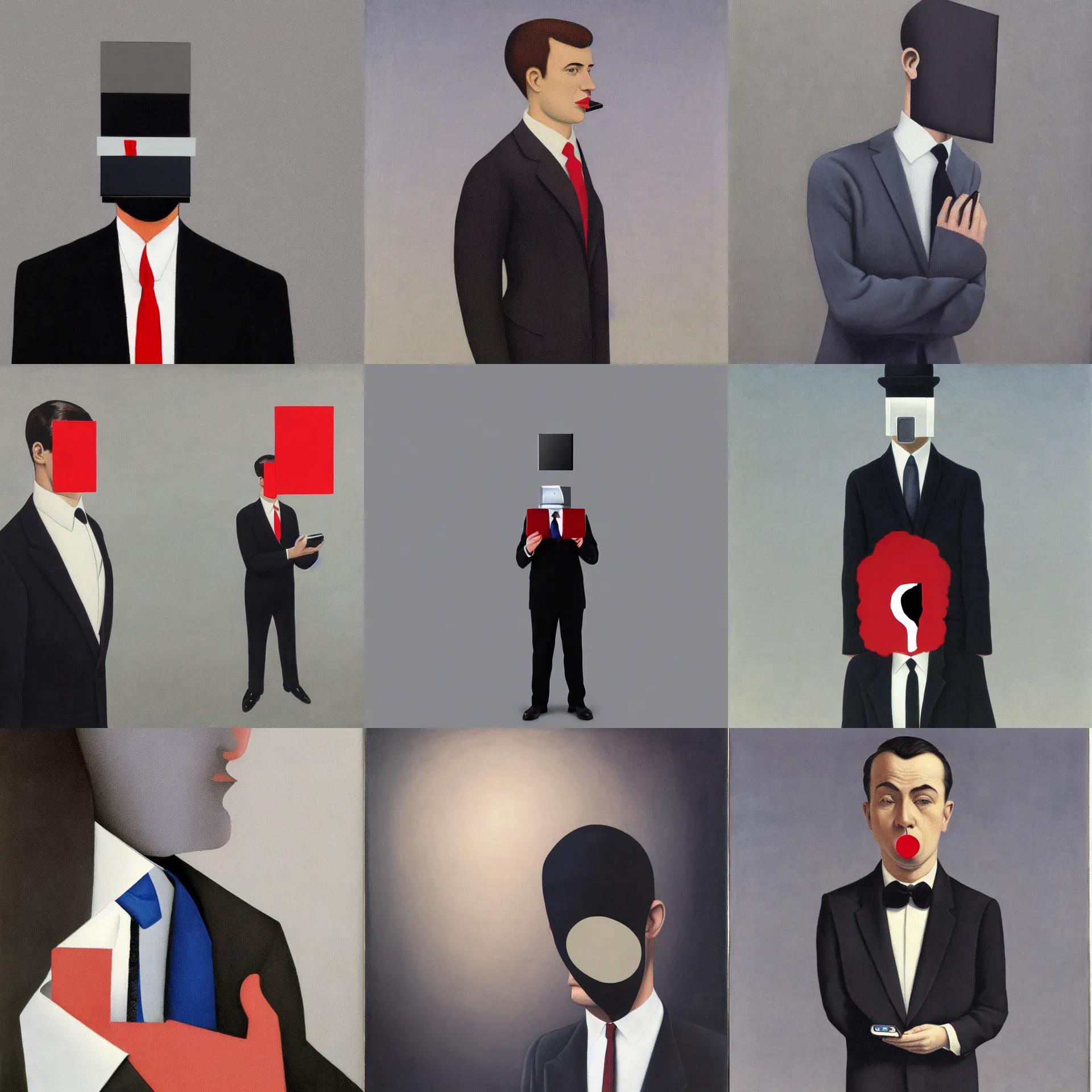 Prompt: front view portrait of a man with a cell phone black rectangular screen in front of his face, wearing dark grey suit, white shirt, red tie, black pants, blue / grey background, painted by rene magritte