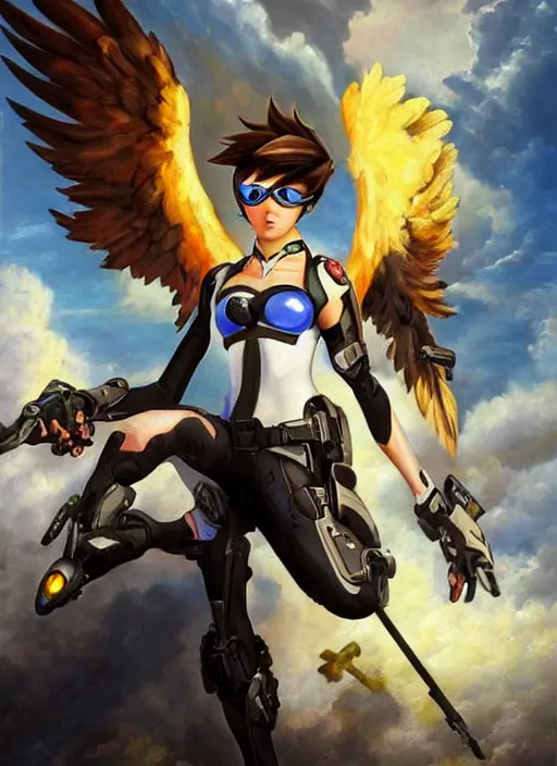 Prompt: oil painting of tracer overwatch in the style of sophie anderson, flying, angel wings, black outfit,