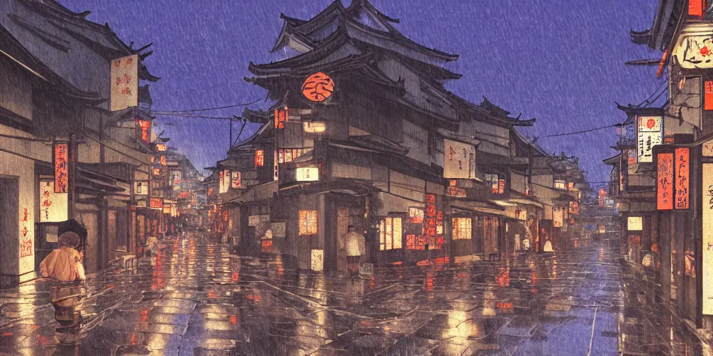 feudal japan tokyo street at dusk, raining, detailed | Stable Diffusion