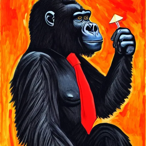 Image similar to a gorilla wearing a nice black tuxedo with a red tie, fauvism, 8 k, highly detailed,