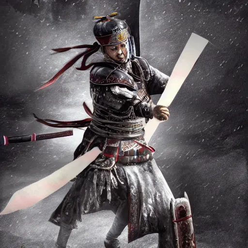 Prompt: ancient ink painting of a chinese warrior in clothes with a broadsword, hejump and hit the monster down hard, a dark sky and a ray of white light on the grounddramatic lighting, whole body, hyper realistic, extremely detailed, octane render, 8 k, sophisticated, photorealistic
