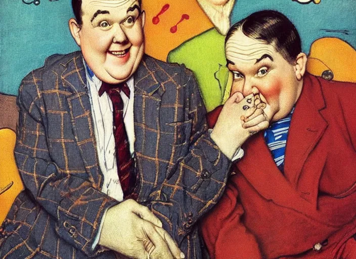 Prompt: “ painting of stan laurel and oliver hardy, by norman rockwell and robert crumb, coloured ”