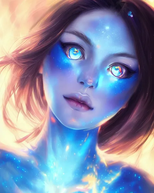 Prompt: A realistic anime portrait of a beautiful cosmic woman with glowing blue eyes and cosmic skin wearing clothes made of universes, digital painting, by Stanley Artgerm Lau, Sakimichan, WLOP and Rossdraws, digtial painting, trending on ArtStation, SFW version