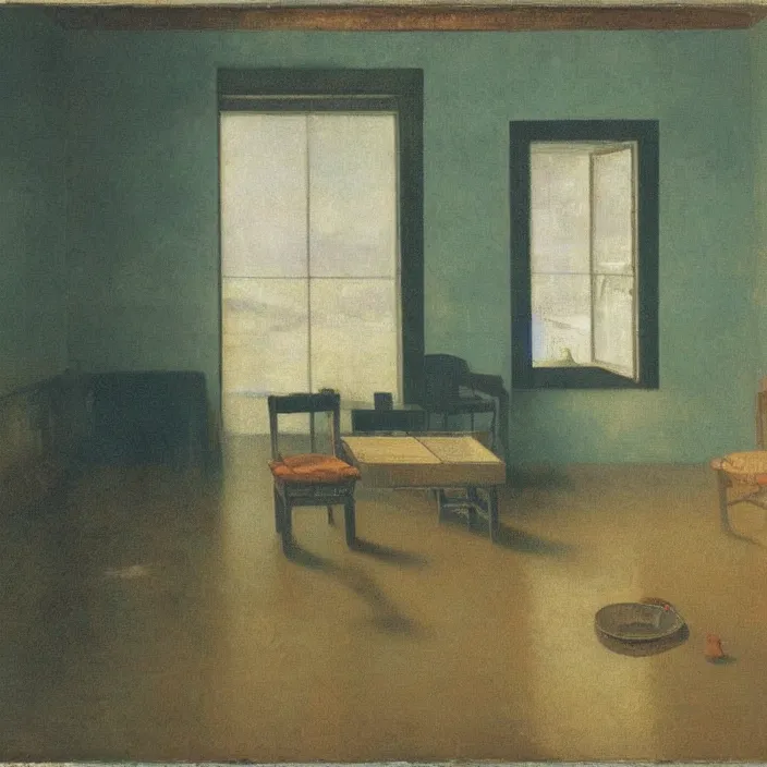 Prompt: interior of a flooded old house full of furniture. aurora borealis. iridescent, psychedelic colors. painting by hammershoi, balthus, mark rothko, vermeer, utamaro, monet