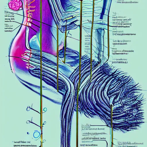 Image similar to how the nervous system works, sketch, medical drawing with annotations, digital Painting, artstation, ultradetailed by Pipilotti Rist