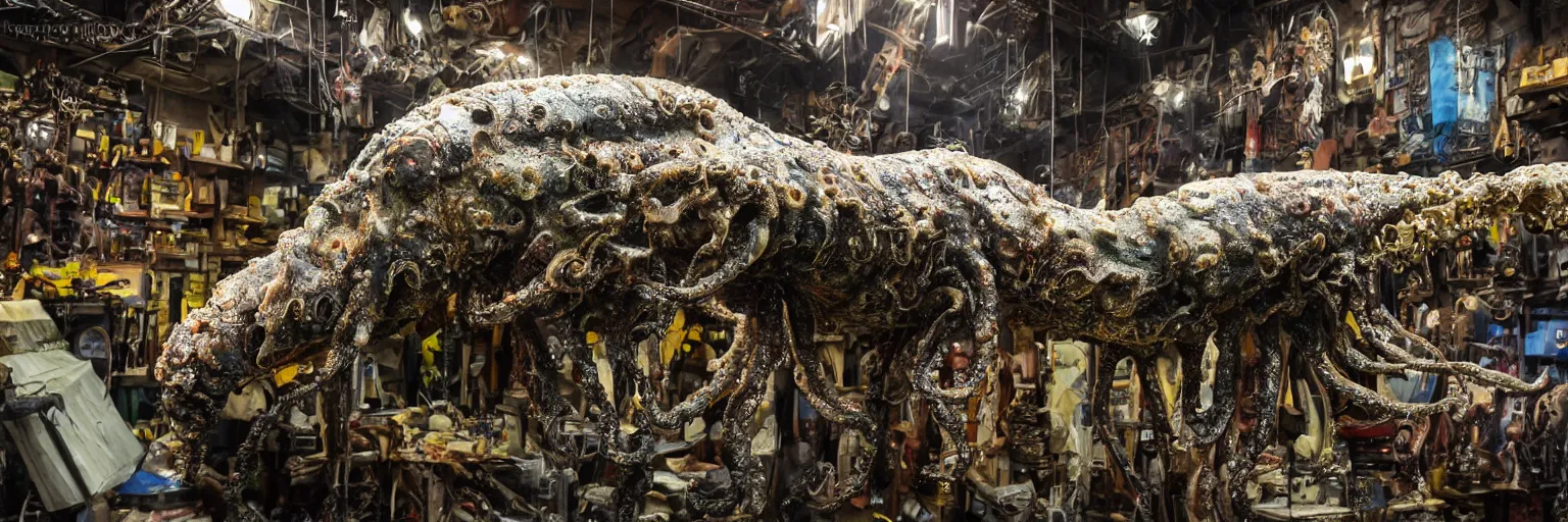 Image similar to low wide angle photo taken of an epic intricate, ultra detailed, super realistic gritty, hero prop, exquisitely painted animatronic movie prop of a wet slimy grotesque nightmarish hellish mutant cephalopod creature displayed in the workshop, created by weta workshop, full body shot, photorealistic, sharp focus