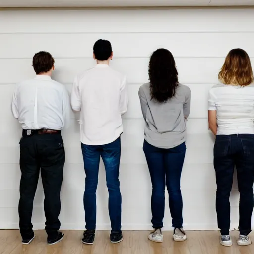 Prompt: suspects lineup in front of white wall facing the camera