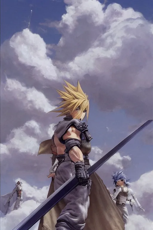 Image similar to Final Fantasy 7’s Cloud with a sword, concept art, by James Gurney and Jean Moebius Giraud, artstation.