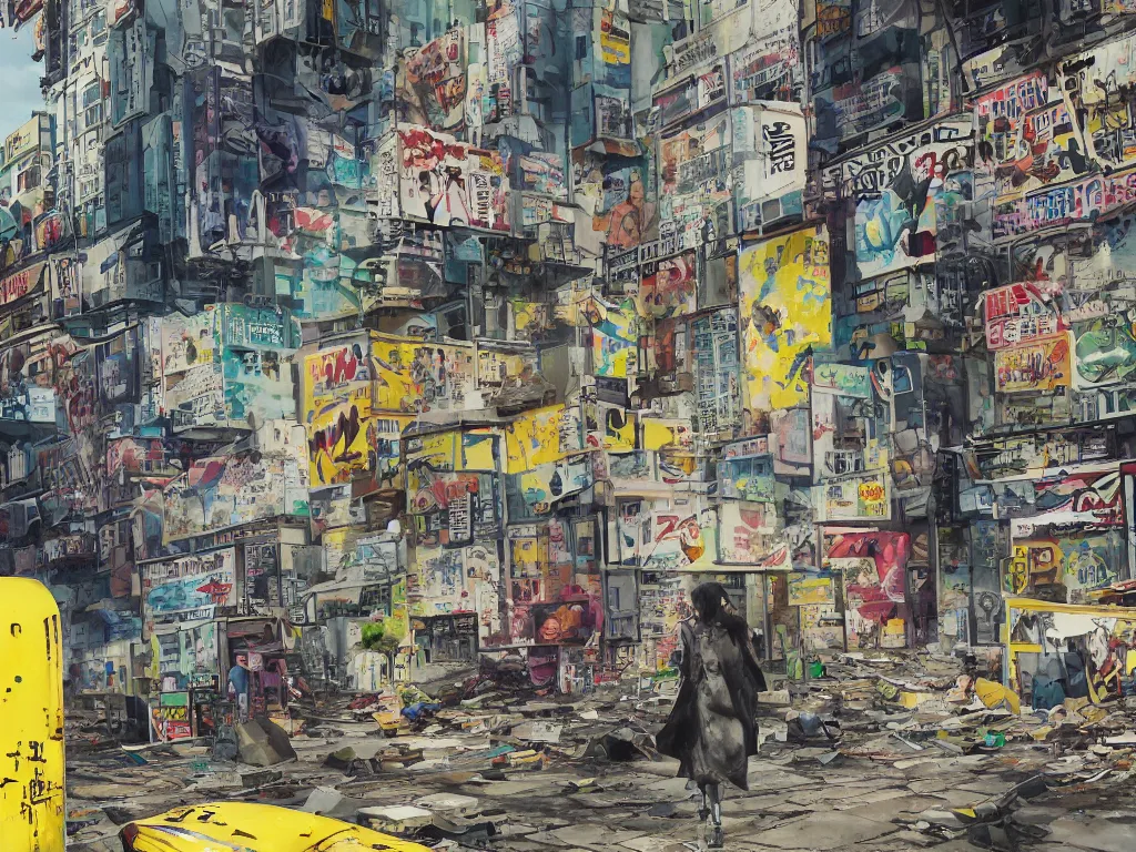 Image similar to incredible wide screenshot, ultrawide, simple watercolor, rough paper texture, ghost in the shell movie scene, backlit distant shot of girl in a parka running from a giant robot invasion side view, yellow parasol in deserted dusty shinjuku junk town, broken vending machines, bold graphic graffiti, old pawn shop, bright sun bleached ground, mud, fog, dust, windy, scary robot monster lurks in the background, ghost mask, teeth, animatronic, black smoke, pale beige sky, junk tv, texture, brown mud, dust, tangled overhead wires, telephone pole, dusty, dry, pencil marks, genius party,shinjuku, koji morimoto, katsuya terada, masamune shirow, tatsuyuki tanaka hd, 4k, remaster, dynamic camera angle, deep 3 point perspective, fish eye, dynamic scene