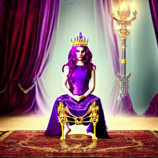 Prompt: A 4k photo of a evil princess with purple hair wearing a diamond crown, sitting in a throne in a dark room. Back light