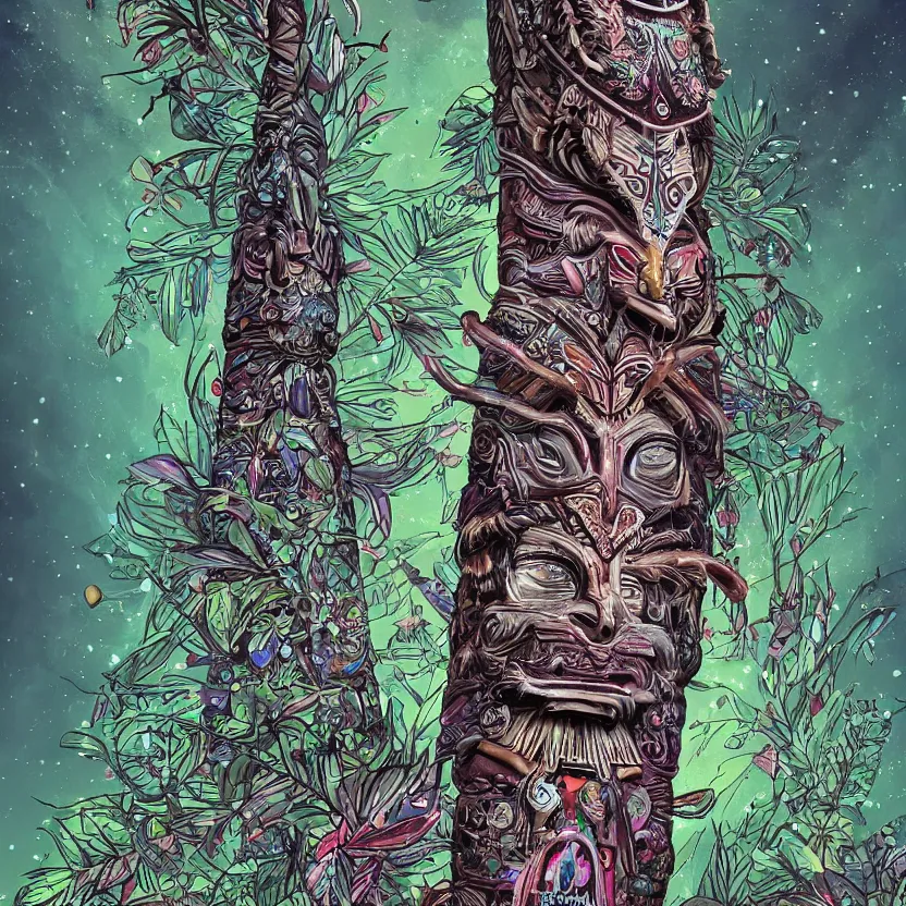 Prompt: close - up view of an indigenous totem pole glowing with magical fairy dust surrounded by dark foliage. whimsical fantasy art. highly detailed digital art. high contrast. dark background. trending on artstation