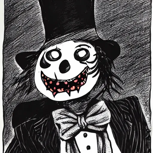 Image similar to a Pop Wonder scary horror themed goofy-hilarious-character Babadook-scarecrow-madhatter-williewonka-wearing a scarf, 3-piece-suit, dime-store-comic drawn with charcoal and pen and ink, half-tone-line-stacking