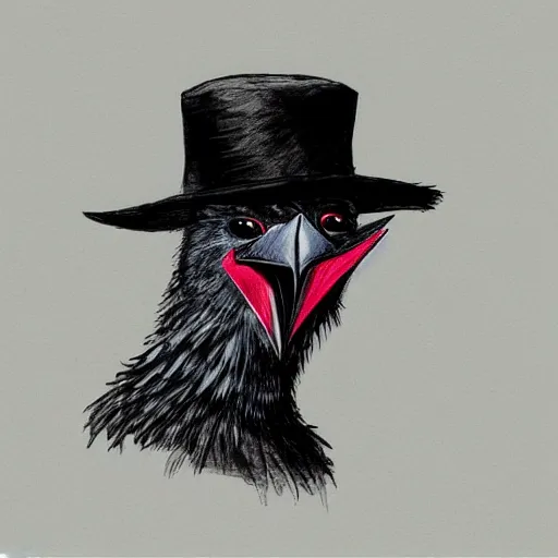 Image similar to ( ( ( head and shoulders portrait of a kenku crow person wearing a porkpie hat ) ) ), d & d, fantasy