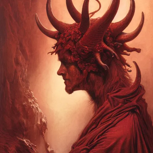 Image similar to a masterpiece! photographic portrait of a scarlet - colored beast with seven ( 7 ) heads and ten ( 1 0 ) horns by gustave dore and stephen hickman and allen williams, trending on artstation, cgsociety, 8 k hd, earthtone colors, a cloaked woman riding the back of the beast