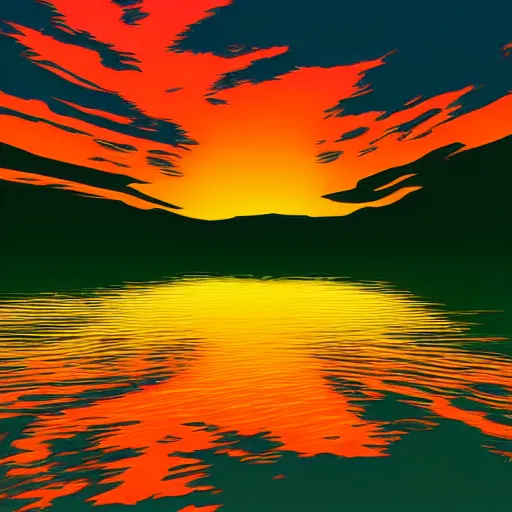 Image similar to A synthwave style sunset above the reflecting water of the sea, digital art