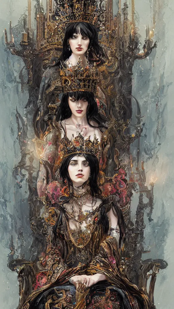 Image similar to painting of a beautiful black haired woman with pale skin and a crown on her head sitted on an intricate metal throne, illustration, artistic, colorful, hyper detailed, in the style of greg rutkowski,