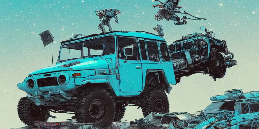 Image similar to digital illustration of a futuristic faded cyan mad max's fj 4 0 decrepit!!!! pursuit special, rusty!!! cyberpunk nissan fj cruiser heavily modded 1 9 9 0 s, the last v 8 interceptor by makoto shinkai, ilya kuvshinov, lois van baarle, rossdraws, basquiat