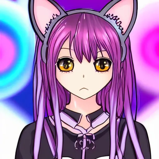 Image similar to digital card art of anime (cat) girl with cat ears surrounded by magic circles. Short hair. Pink hue. Highly detailed. Beautiful