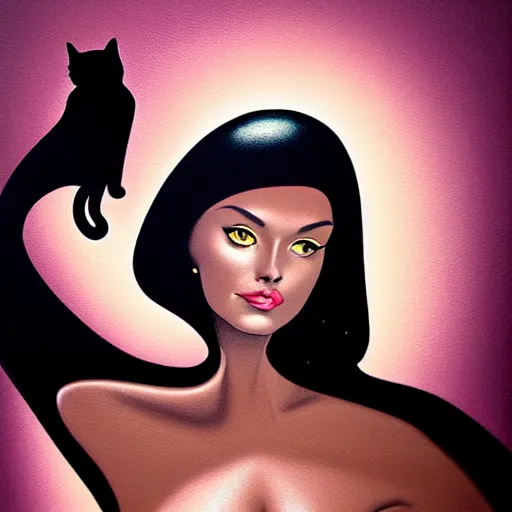 Image similar to portrait of woman with a black cat, confident pose, night, art by peter lloyd, 1 9 8 0's art, retro art airbrush style, art by hajime sorayama,, intricate, elegant, sharp focus, illustration, highly detailed, concept art, matte, sharp focus, illustration, highly detailed, concept art, h 6 4 0