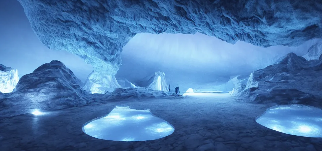 Image similar to epic view of glowing ice cavern, with lake pool, caustics, night sky, ice dust, sparkles, unreal engine, dramatic lighting, detailed, ambient occlusion, global illumination, god rays, 3 d artstation render by greg rutowski and jessica rossier