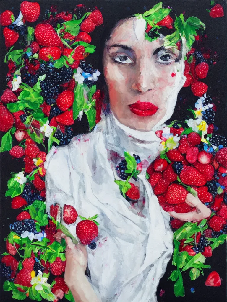 Image similar to “organic, portrait of a woman wearing white silk, neoexpressionist, eating luscious fresh raspberries and strawberries and blueberries, edible flowers, black background, acrylic and spray paint and wax and oilstick on canvas”