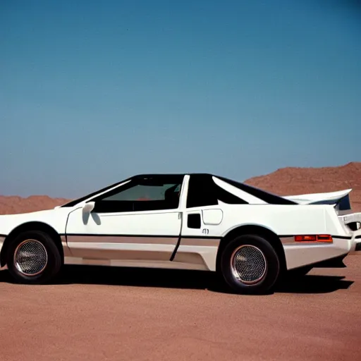 Prompt: 1 9 8 6 pontiac fiero, in the desert, film still, arriflex 3 5