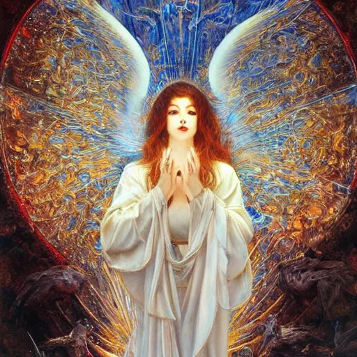 Image similar to thousands of angels on their knees worshiping a light, shining lights, god rays by by Karol Bak, Ayami Kojima, Amano and Olivier Ledroit