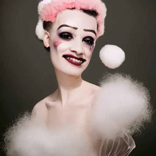 Prompt: portrait of a cute smiling bride of frankenstein with soft pink and white cotton fluffy balls floating in image, fashion photography, highly detailed, digital photography by jheronimus bosch and james jean and james rutkowski, fashion photography