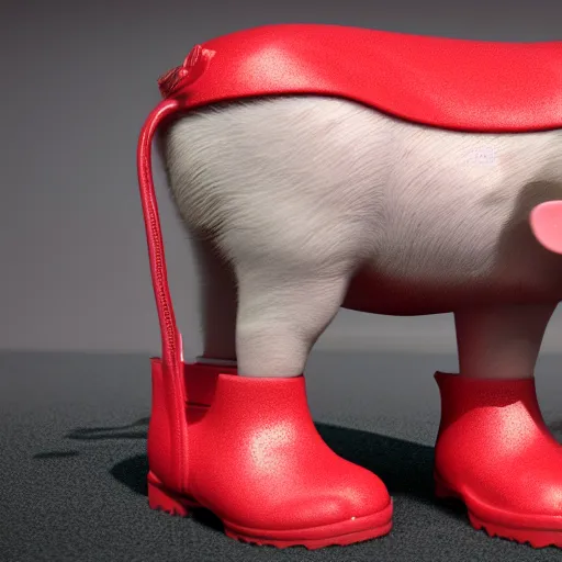 Image similar to digital art of a baby pig in red rainboots, 8 k render, octane render, saturated