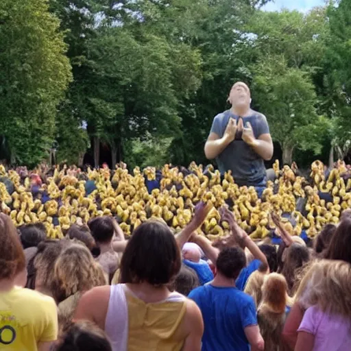 Prompt: a crowd of bananas worshipping a giant human