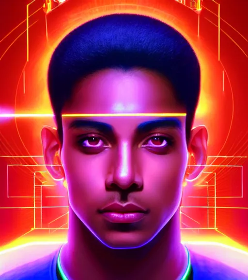 Image similar to symmetry!! egyptian prince of technology, solid cube of light, hard edges, product render retro - futuristic poster scifi, lasers and neon circuits, brown skin man egyptian prince, intricate, elegant, highly detailed, digital painting, artstation, concept art, smooth, sharp focus, illustration, dreamlike, art by artgerm