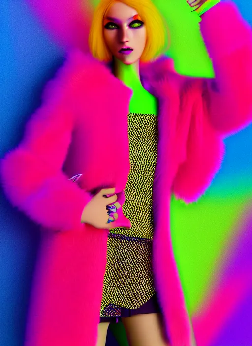 Image similar to coat for a rave, bright colors, many details, prints, photo for a magazine, photo for a store, fashion photography, Vogue, 135 mm, cinematic, hyper realism, high detail, octane render, 8k, chrome accents