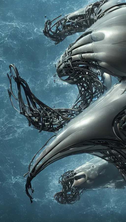 Image similar to summoning a beautiful biomechanical orca spirit from the ocean, organic and robotic, made up of metal, skin, and plastic, shiny, metallic, wet, solarpunk, post apocalyptic, hyper realistic, cinematic angle, octane render unreal engine render, 8k, super detailed, SLEEK!!!