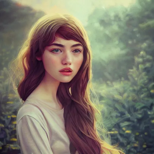 Image similar to a beautiful scenic photo of a beautiful young girl that looks like imogen poots by artgerm and wlop and wes anderson and spike jonze