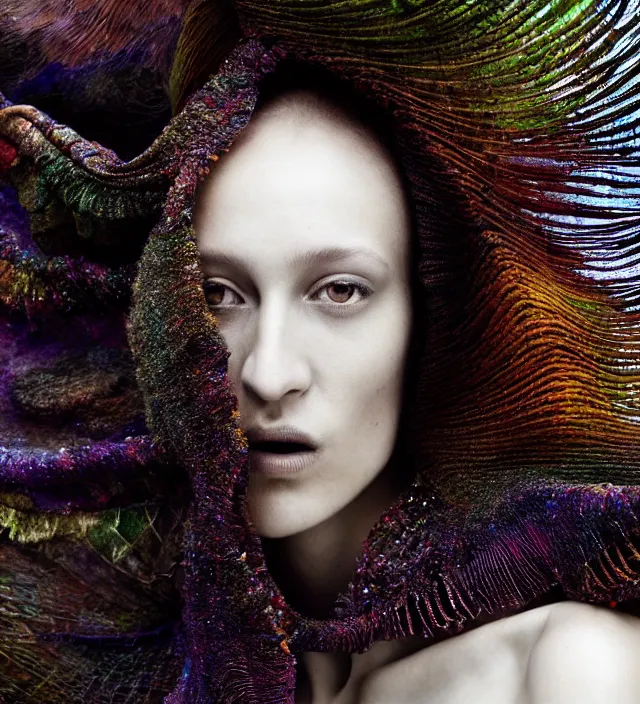 Image similar to photography face portrait of one female fashion model in rainforest, wearing one organic futurist shawl designed by iris van herpen,, creative colorfull - makeup, curly hair style half _ long, photography by paolo roversi nick knight, helmut newton, avedon, and araki, sky forest background, natural pose, highly detailed, skin grain detail