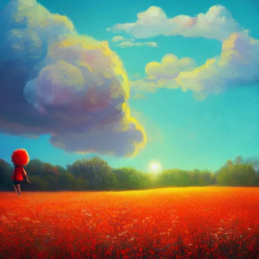 Image similar to big red flower afro, full body, girl walking in the middle of a field with flowers, surreal photography, hills, sunrise dramatic light, impressionist painting, colorful clouds, digital painting, pointillism, artstation, simon stalenhag