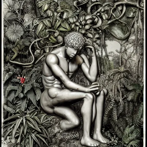 Prompt: botanical sketch of The thinker sculpture with a mechanical/cybernetic head, mushrooms and peyote at the base, surrounded by a lush jungle and vines, high detail, b&w,