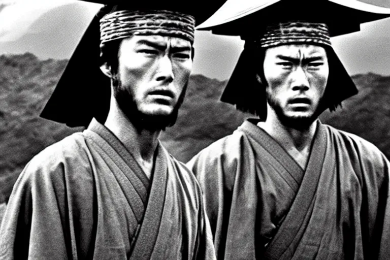 Prompt: young clint eastwood as a ronin samurai brothers, in robes, in the movie seven samurai ( 1 9 5 4 ). grainy movie still, high detail, sharp focus