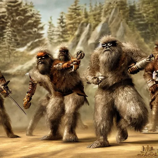 Prompt: a high detailed realistic photo of a group of armored yeti and sasquatch battling with swords shields andsd pears