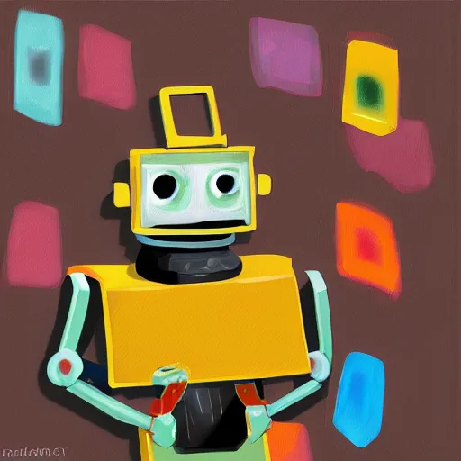 Image similar to robot stealing canvas from a human, digital painting